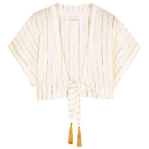 Miguelina Saanchi Cropped Striped Metallic Cotton Gauze Tie Front Tassel Top‎ S - Picture 4 of 11